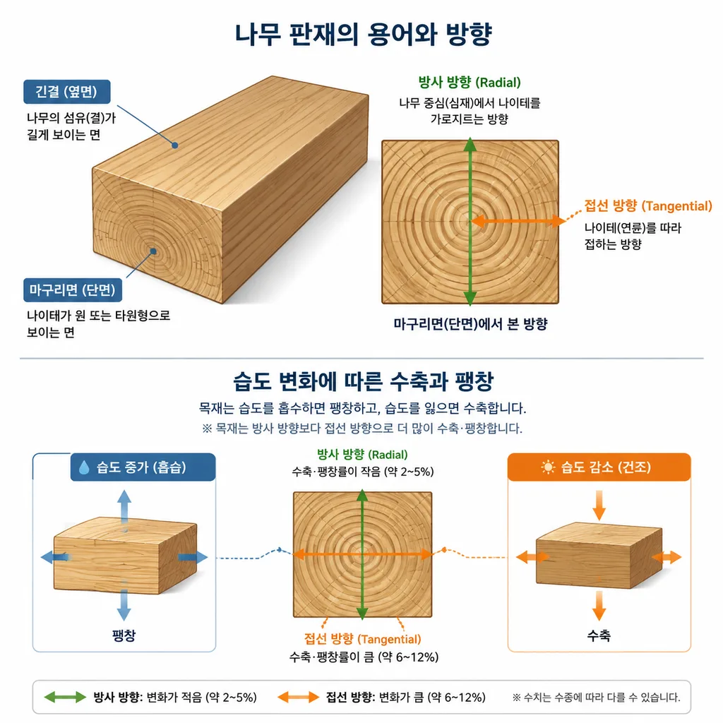 목재 결 방향과 수분 변화에 따른 수축 팽창 방향