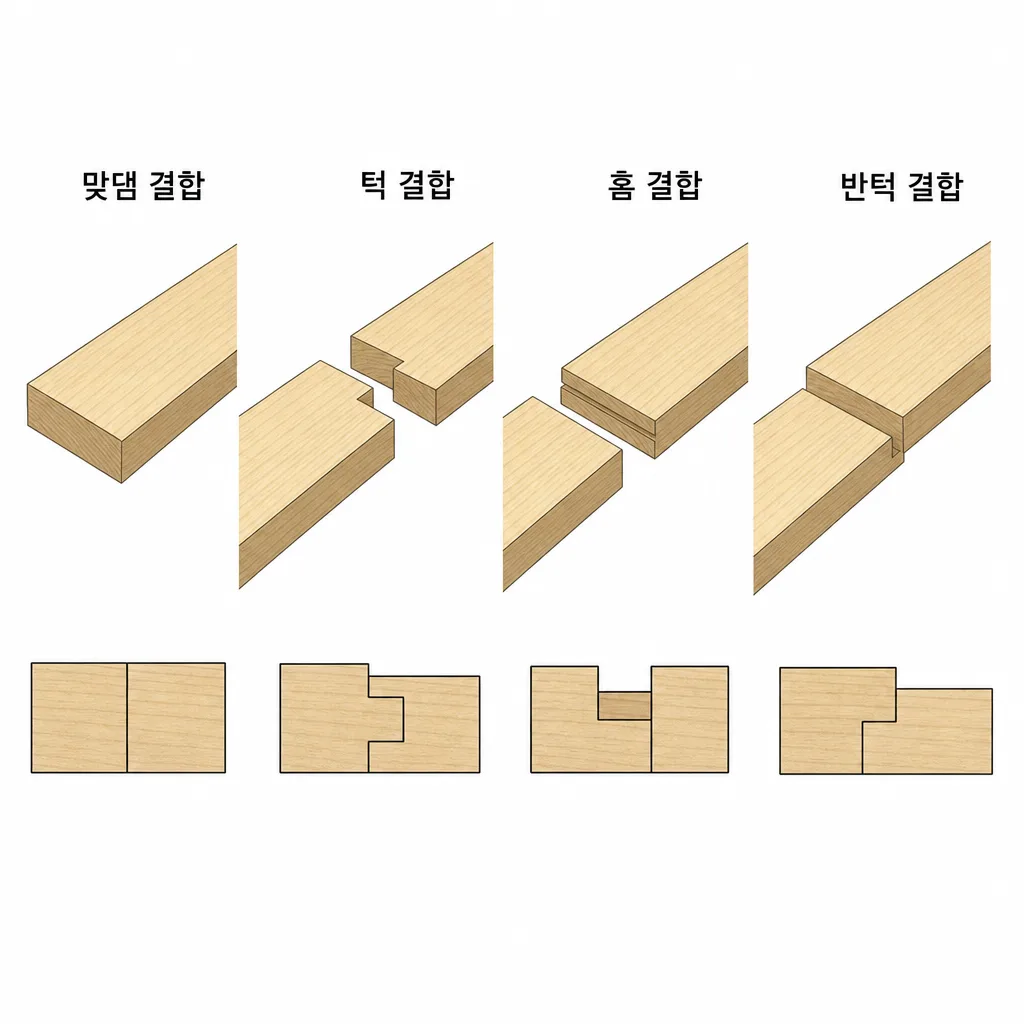 맞댐 결합과 홈 결합, 반턱 결합 구조 비교