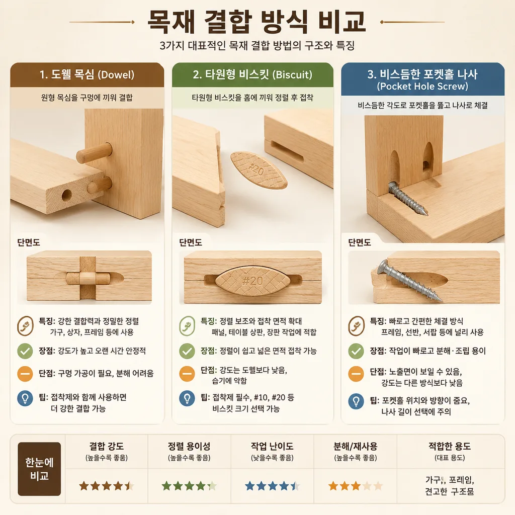 도웰 조인트 비스킷 조인트 포켓홀 조인트 비교