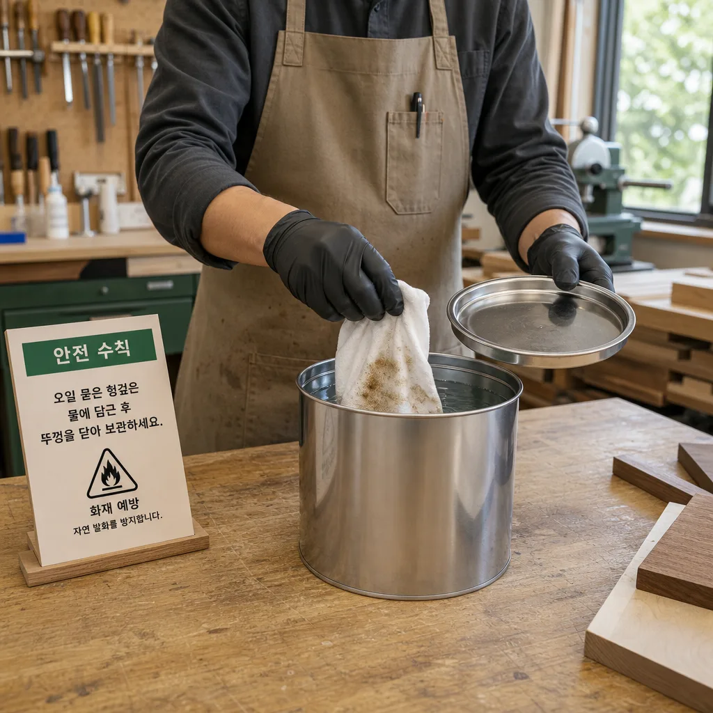 오일 묻은 헝겊을 안전하게 처리하는 목재 오일 마감 작업